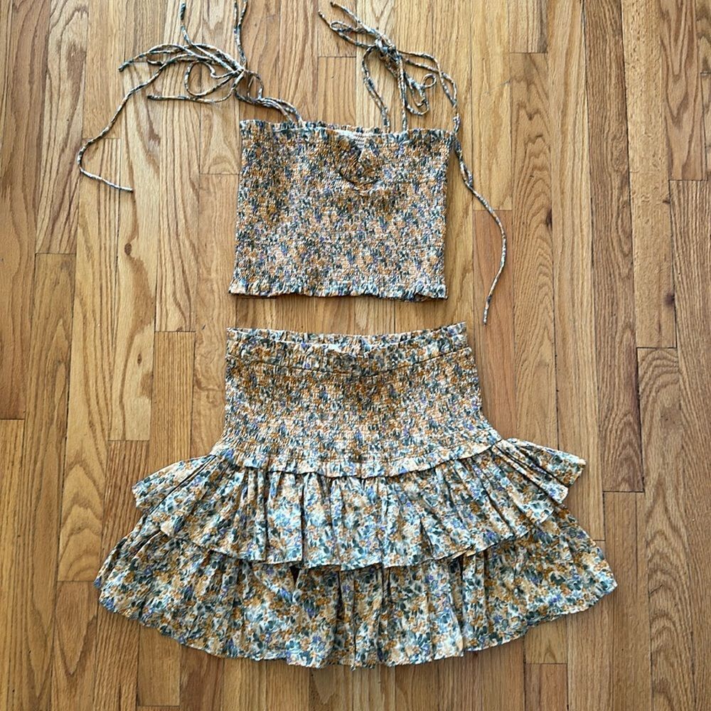 The Reset sz L tank skirt set yellow green purple floral ruched elastic ruffled